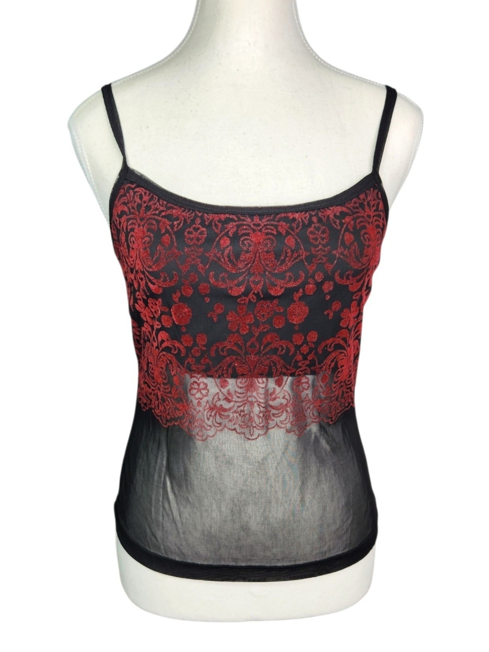 Sheer Mesh Camisole Red Flocked Velvet Y2K Lingerie Whimsigoth Coquette S/M
